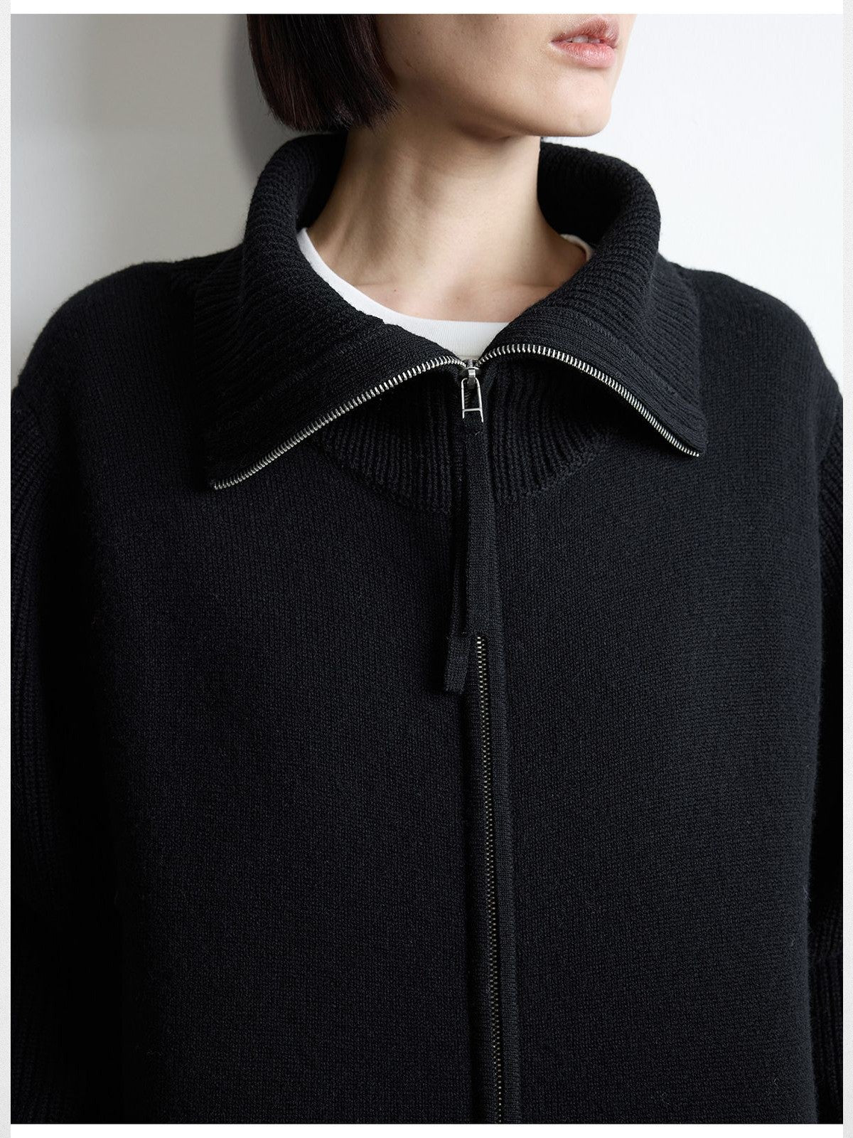 RandomPiece Merino Wool Draped Zip Cardigan in Black - Detail