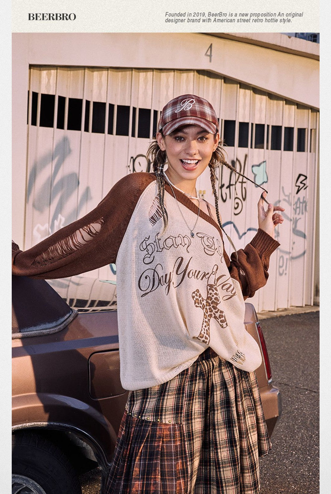 BeerBro Distressed Graphic Off Shoulder Sweater in White - On Model