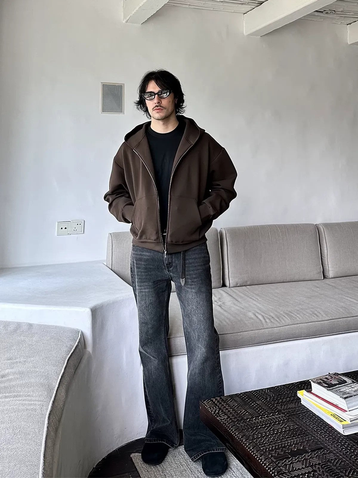 Roolrren Homme Cotton Air Layer Zip Hoodie in Brown