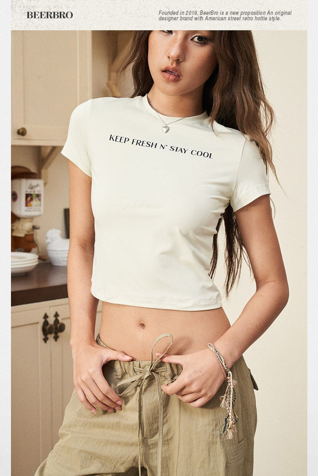 BeerBro Slogan Print Baby Tee in Cream - On Model