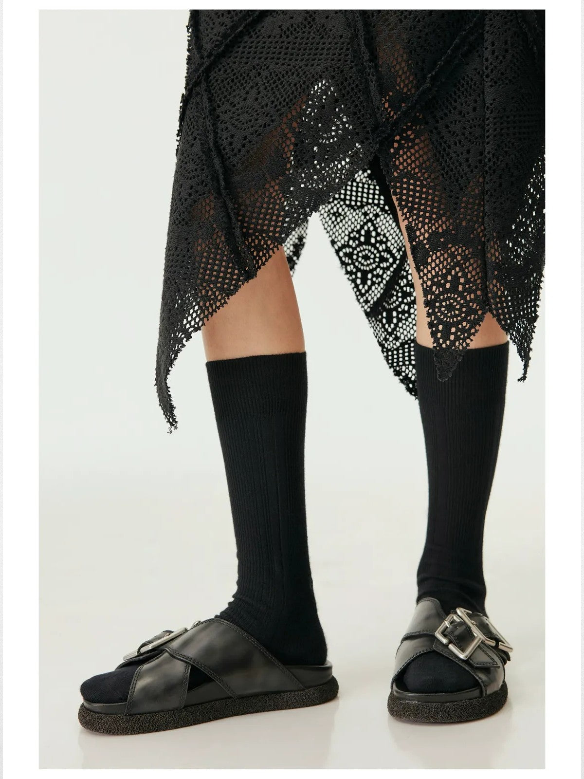 Simple Project Irregular Ribbed Crew Socks in Black - On Model