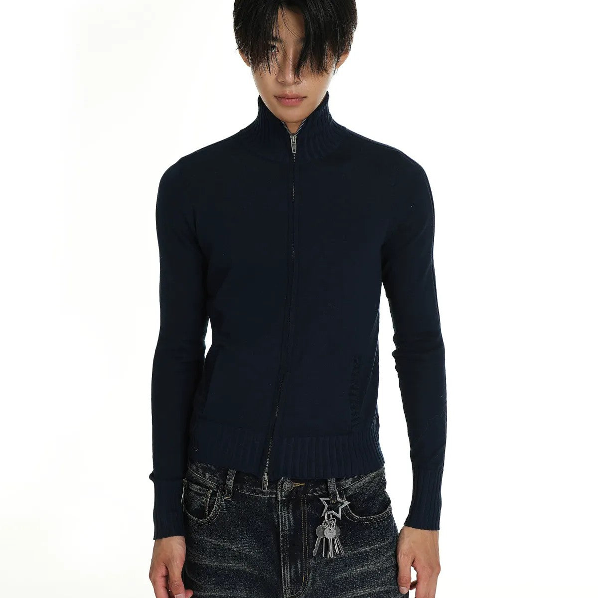 MASONPRINCE High Neck Cotton Blend Cardigan in Blue - On Model