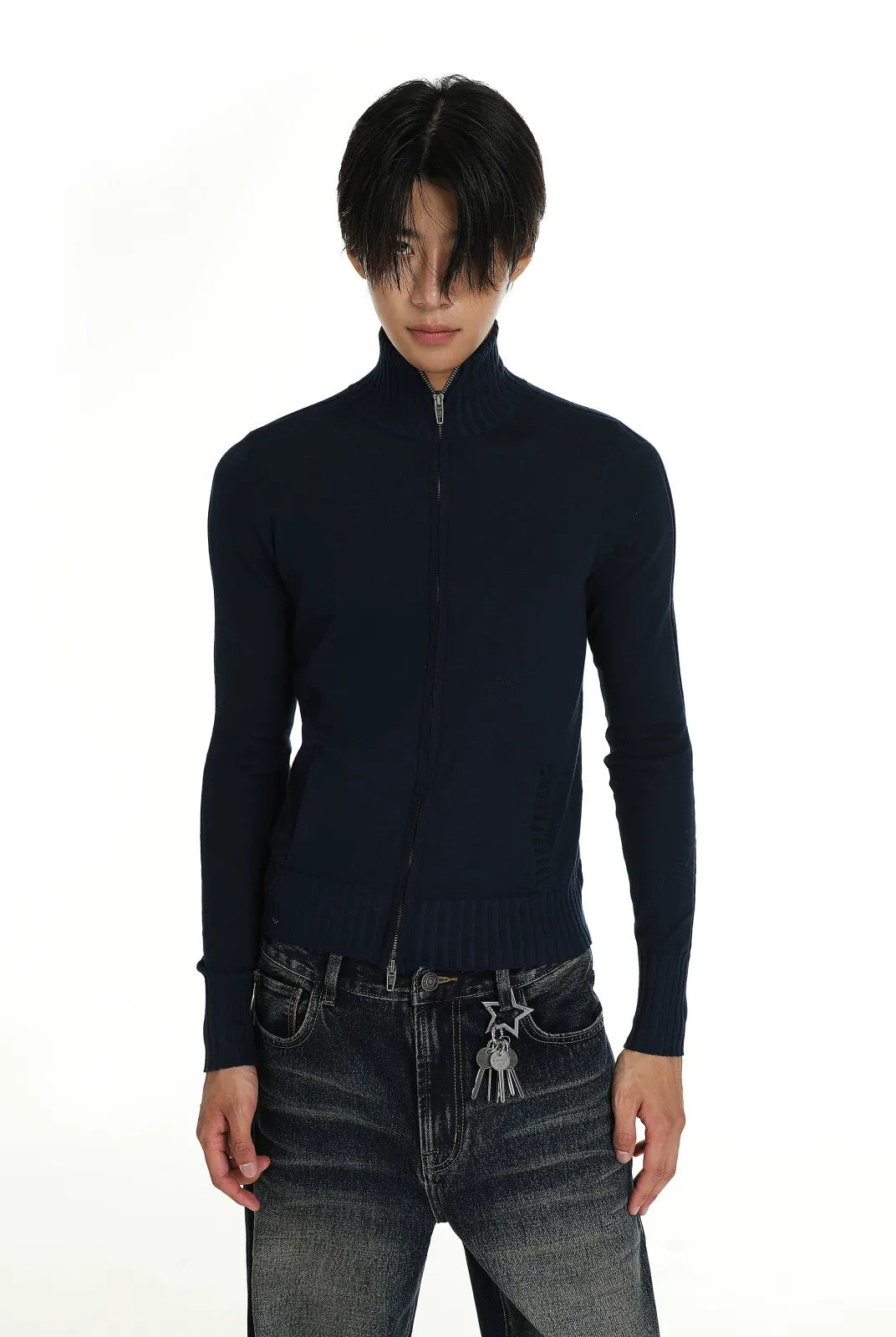 MASONPRINCE High Neck Cotton Blend Cardigan in Blue - On Model