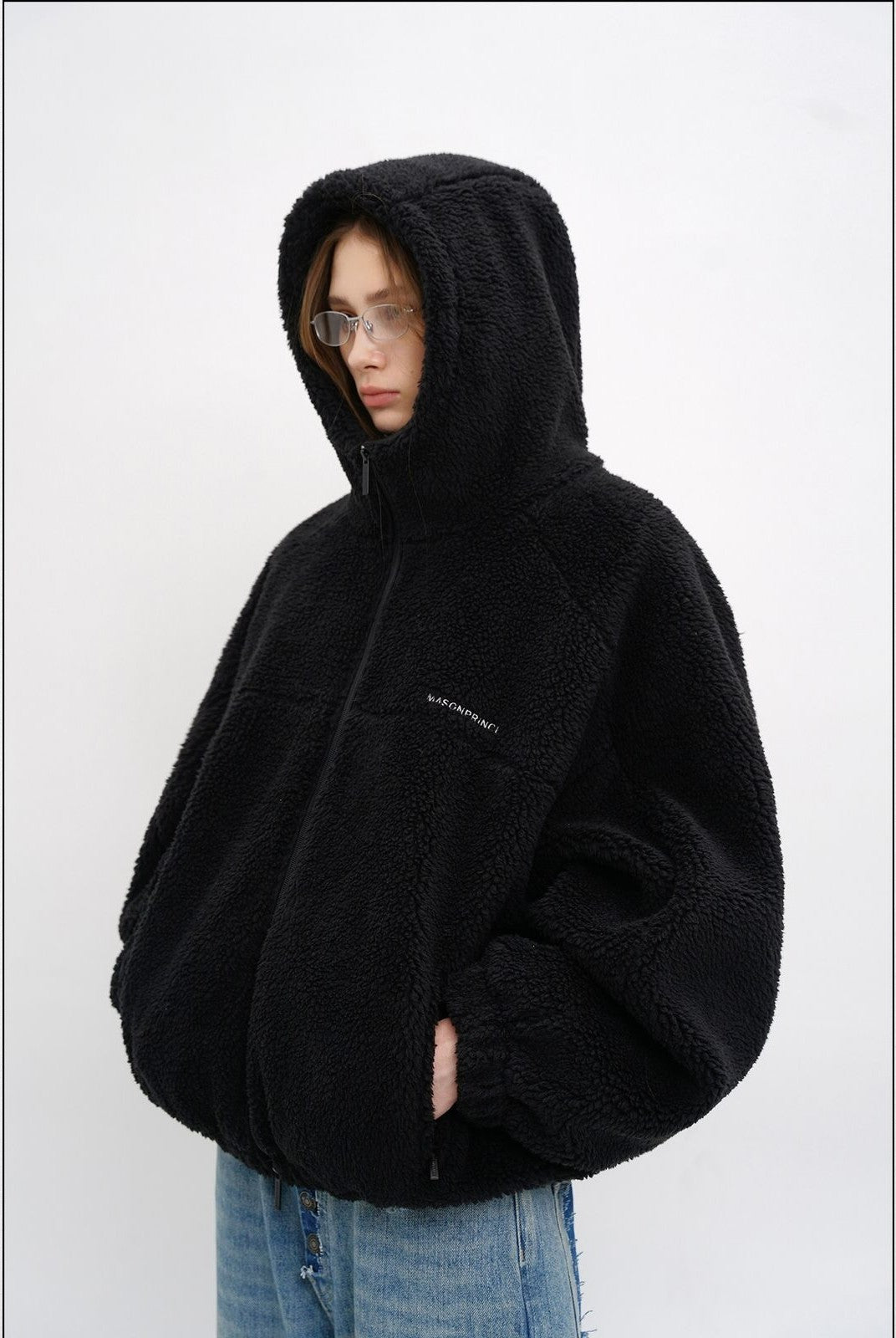 MasonPrince Contrast Logo Fleece Hooded Jacket in Black - On Model