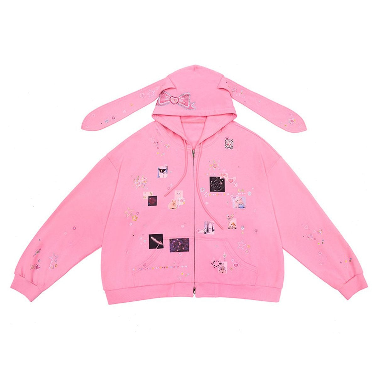 CFIERCE Bunny Ear Rhinestone Zip Hoodie in Pink
