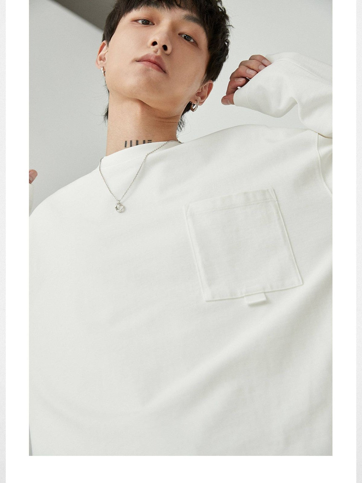 NANS Webbing Strap Pocket Long Sleeve Tee in White - On Model