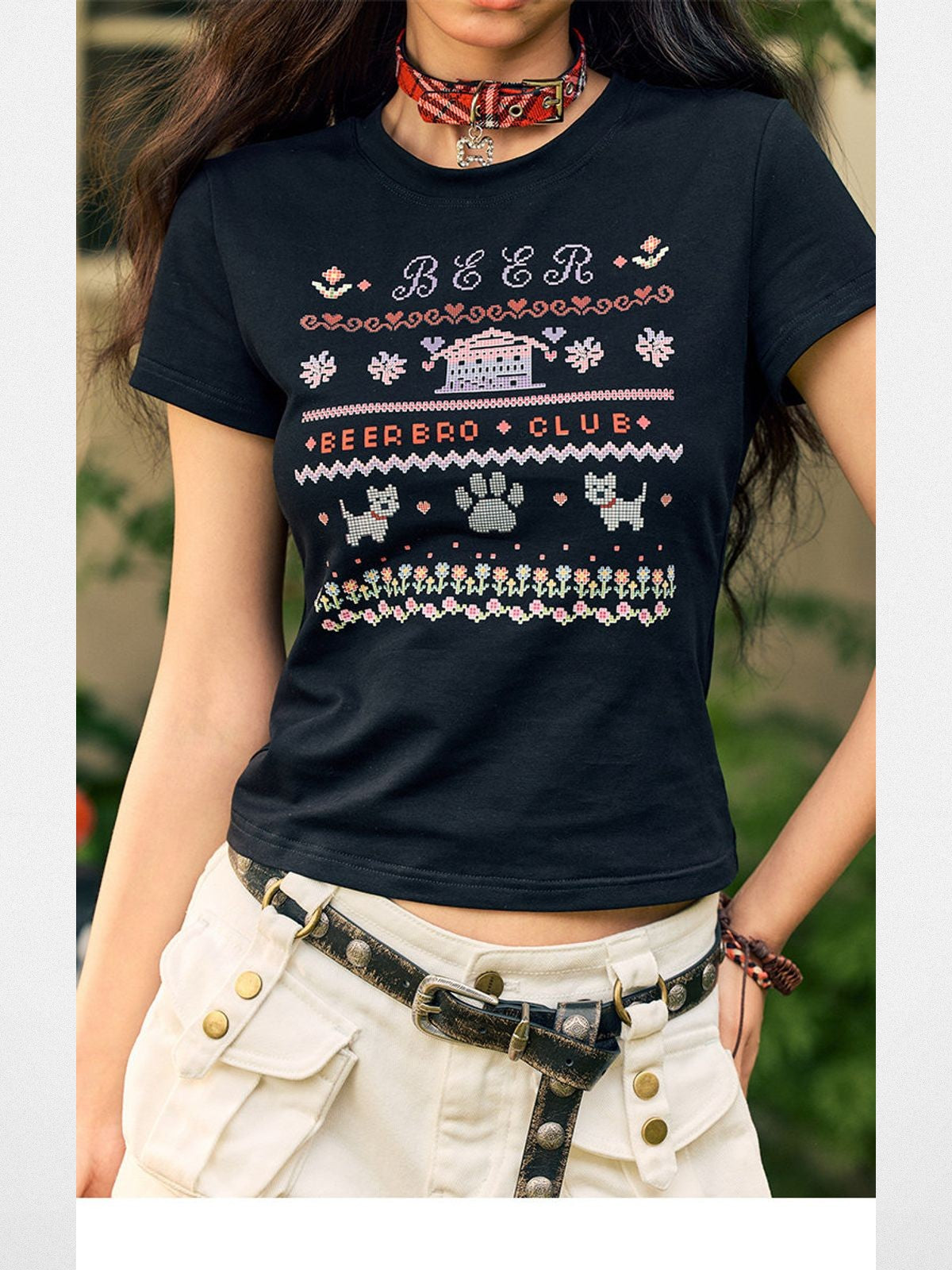 BeerBro Mosaic Puppy Graphic Baby Tee in Black - On Model