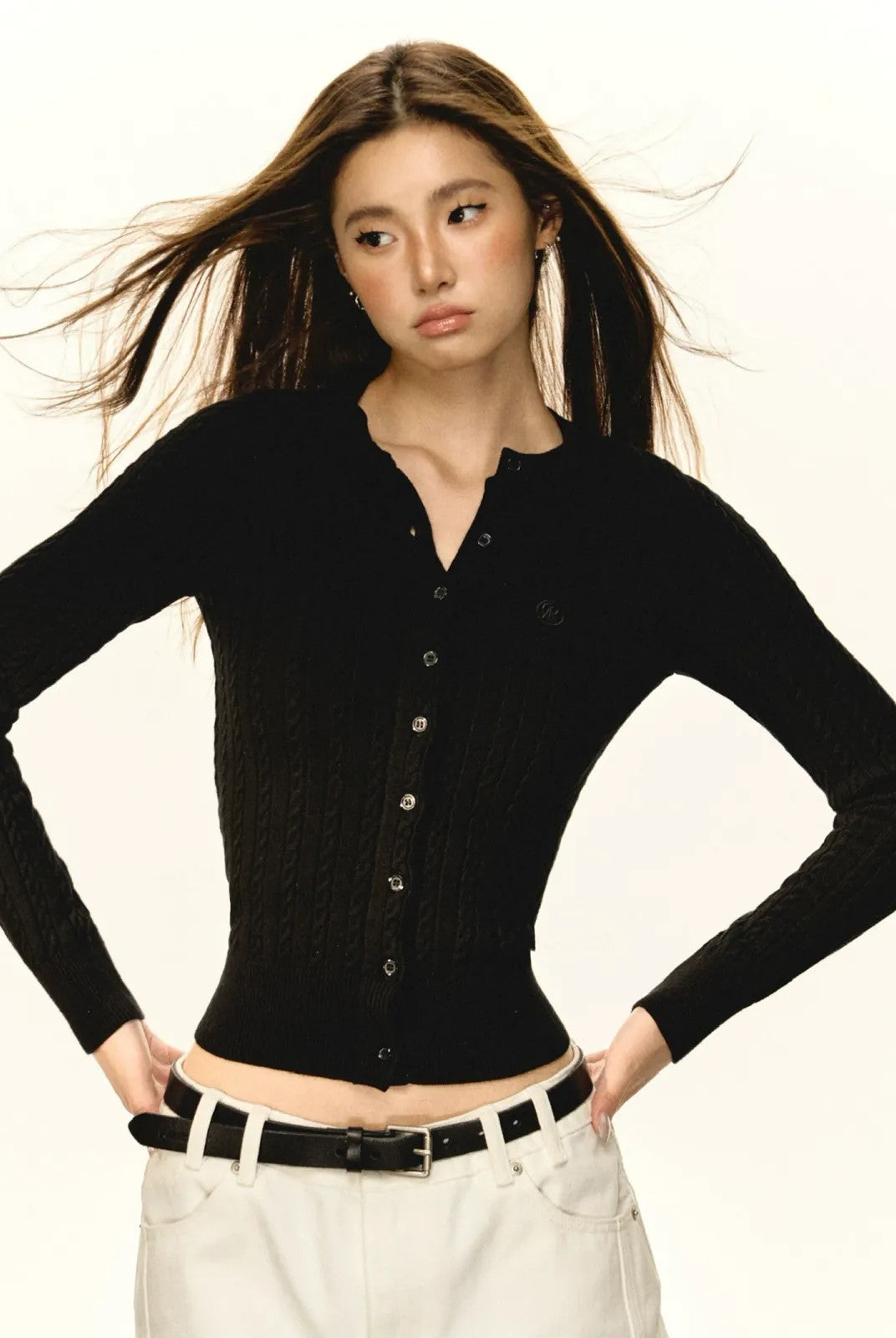 ARISEISM Slim Cable Knit Cardigan in Gray