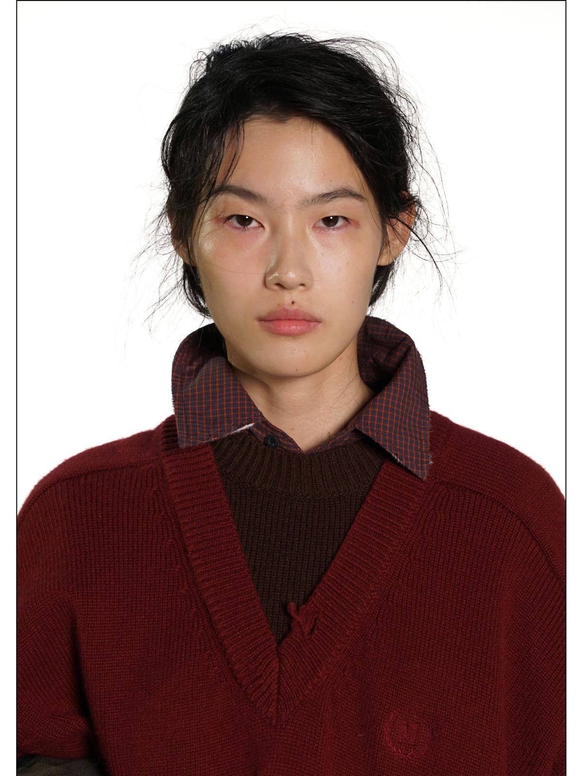 MasonPrince Mock Two Piece Wool Blend Sweater in Burgundy - On Female Model