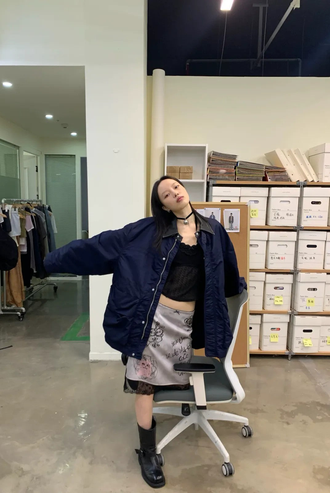 NeverSeez Vintage Wash Nylon Barn Jacket in Navy - On Model