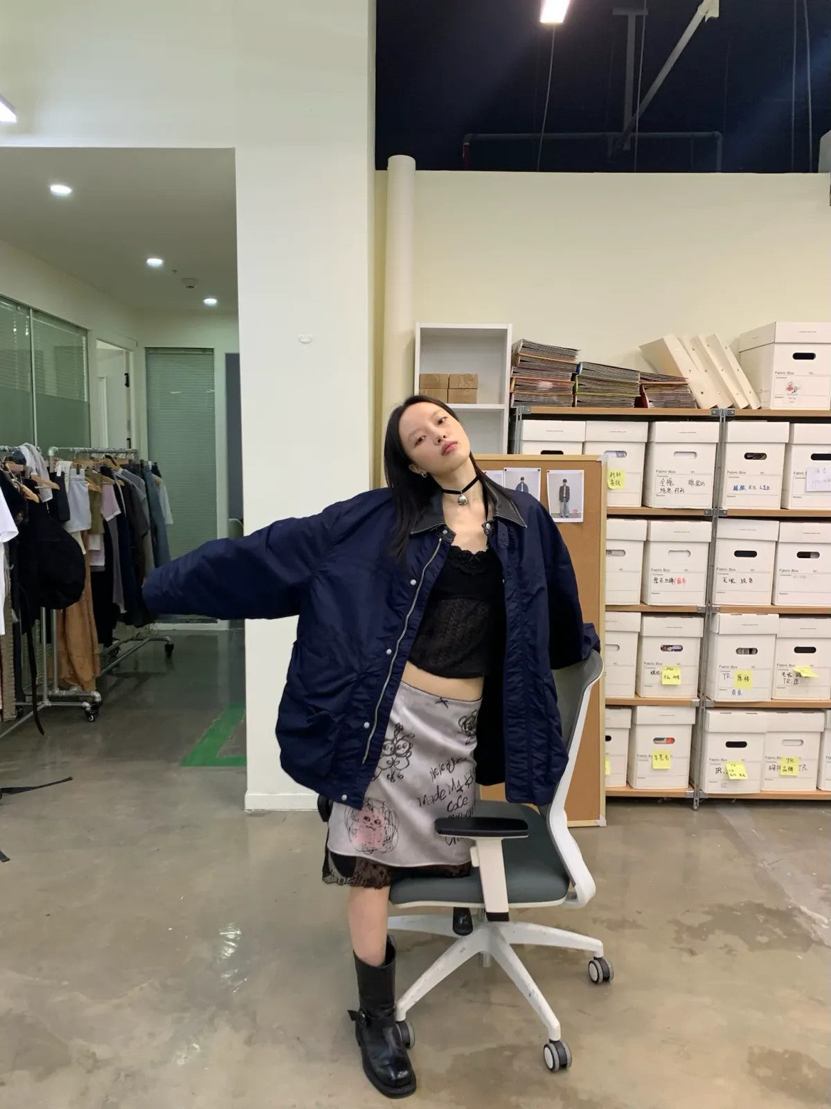 NeverSeez Vintage Wash Nylon Barn Jacket in Navy - On Female Model