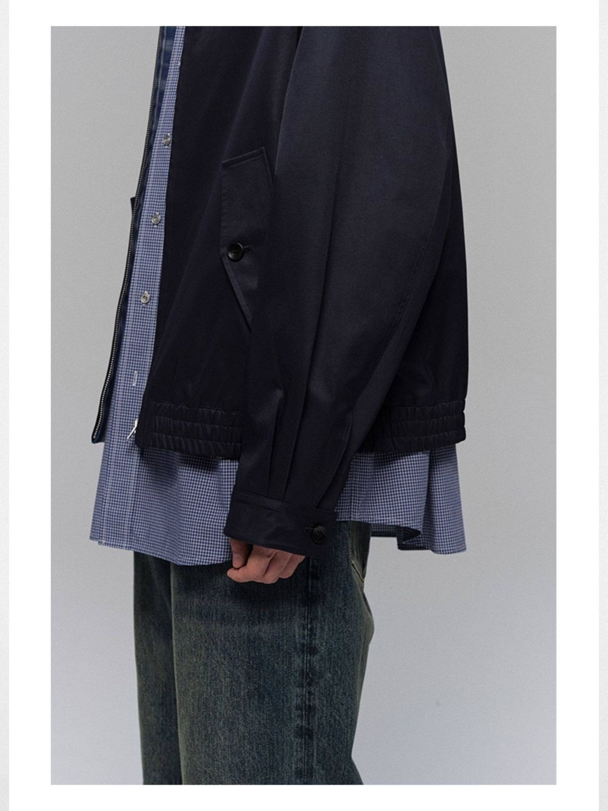 NANS Menswear Reversible Plaid Harrington Jacket in Navy Blue - On Model