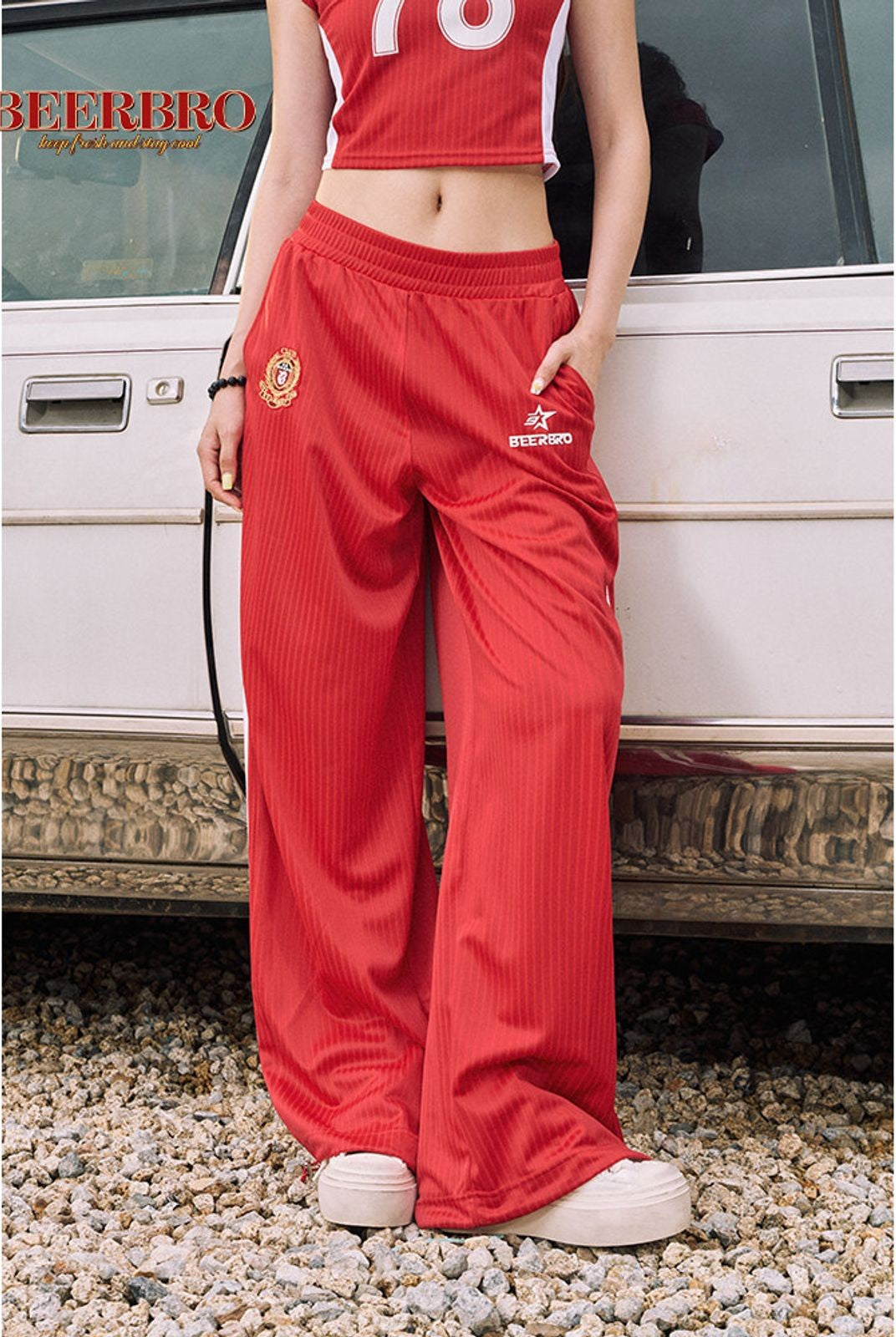 BeerBro Striped Wide Leg Track Pants in Red - On Model