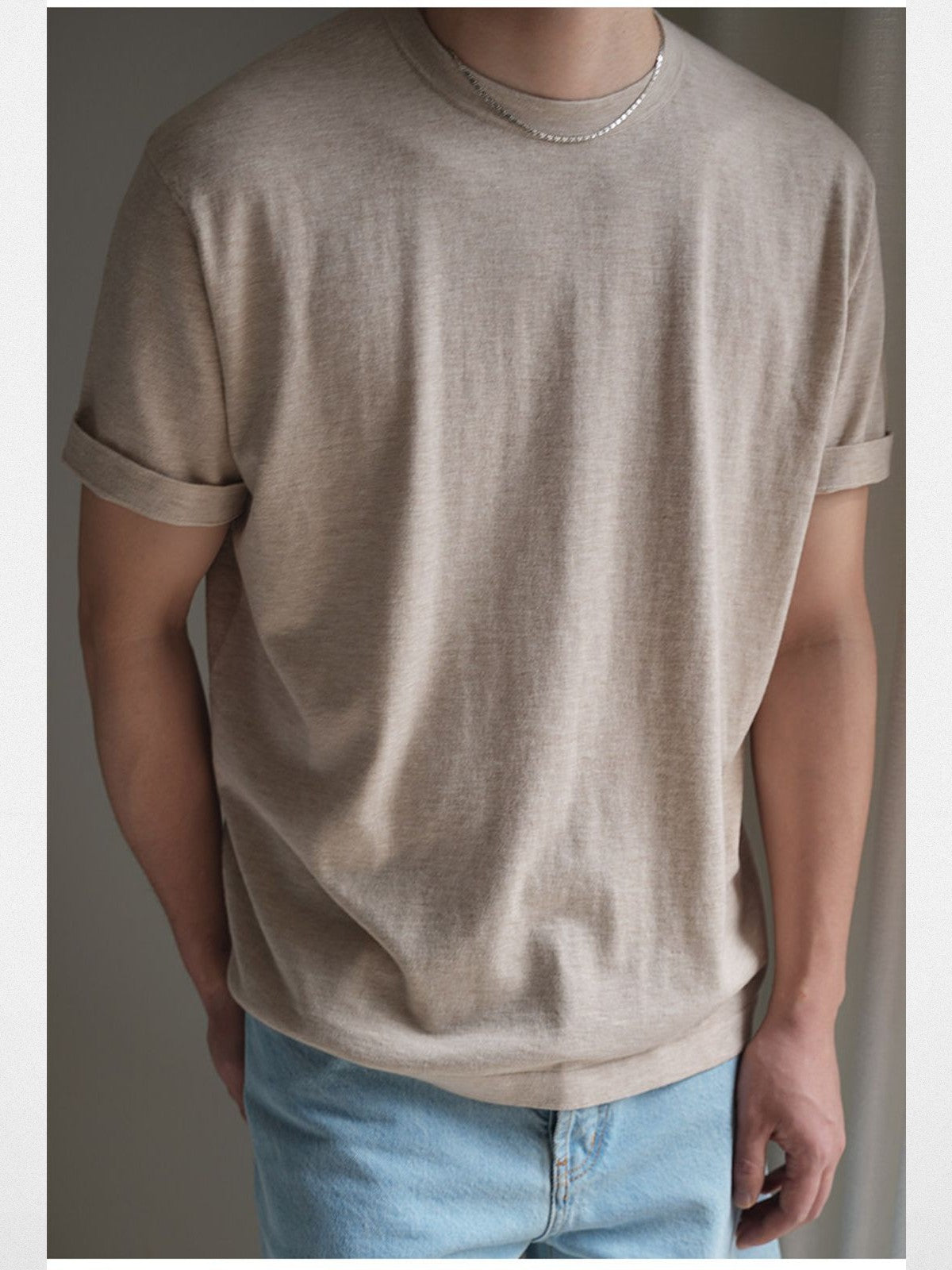 Roolrren Homme Organic Cotton Blend T Shirt in Beige - On Model