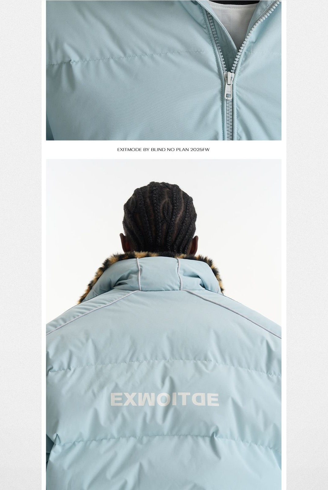 BLINDNOPLAN Leopard Collar Puffer Jacket in Sky Blue - On Model