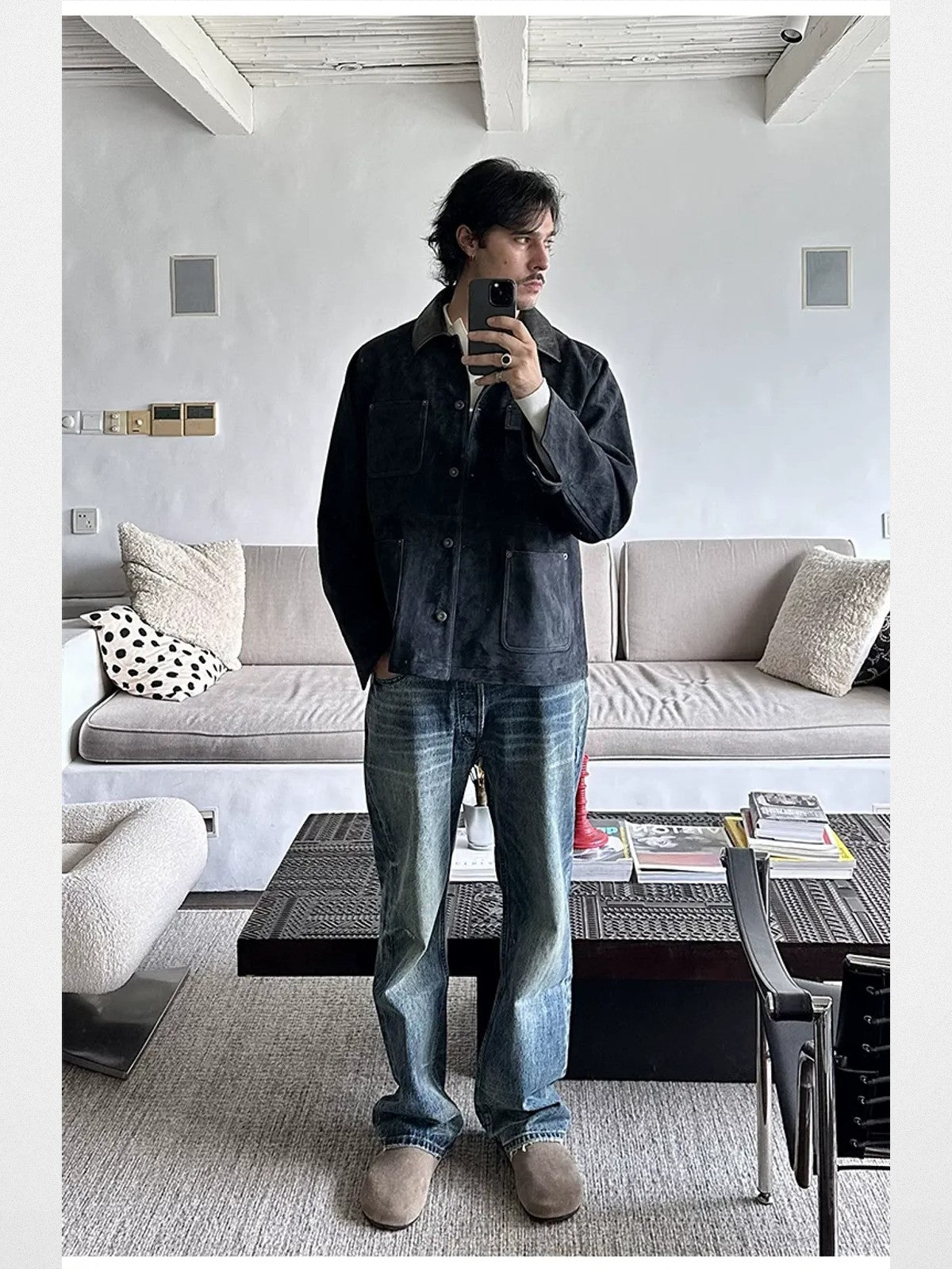 Roolrren Homme Suede Michigan Work Jacket in Navy Blue - On Model