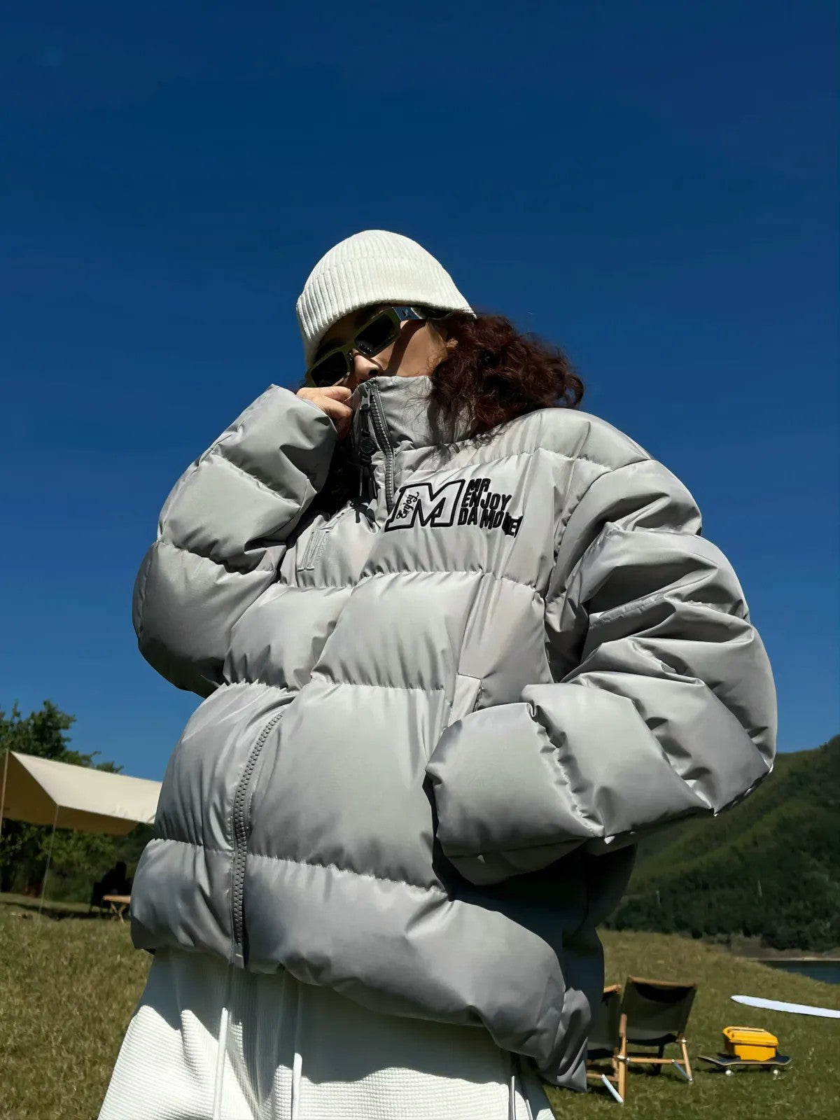 MEDM Embroidered Down Puffer Jacket in Gray - Lifestyle