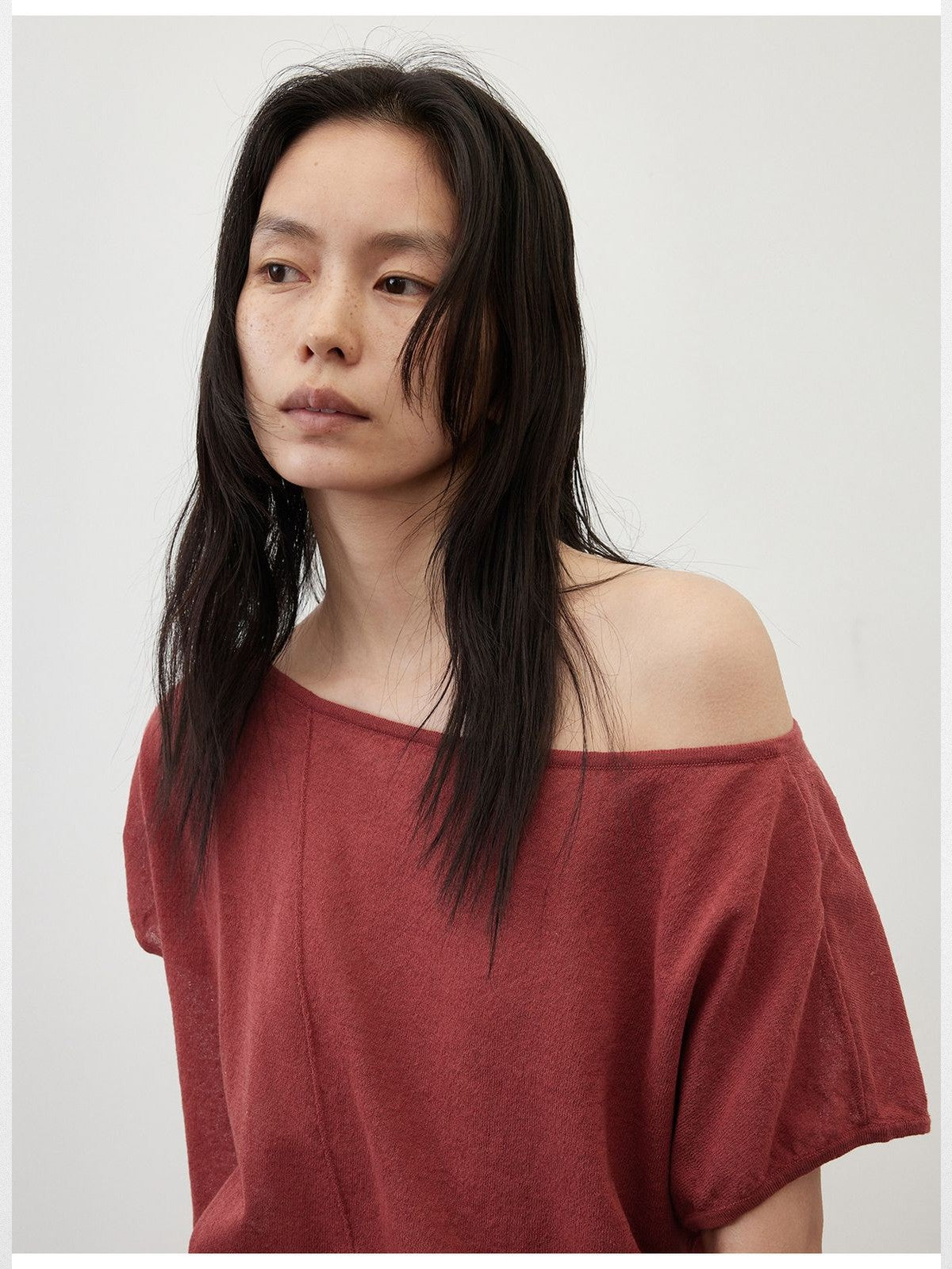 RandomPiece Asymmetric Linen Blend Knit Top in Pink - On Model