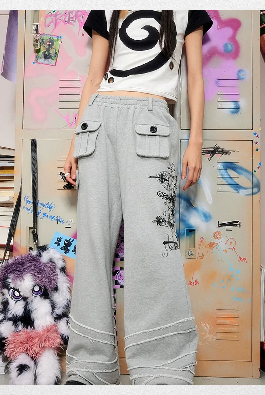 CFIERCE Cross Print Wide Leg Sweatpants in Gray - On Model