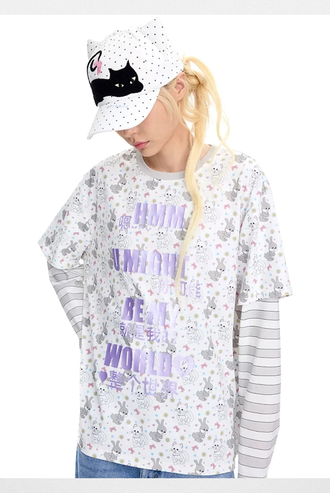 CFIERCE Embroidered Cat Ear Baseball Cap in White - On Model