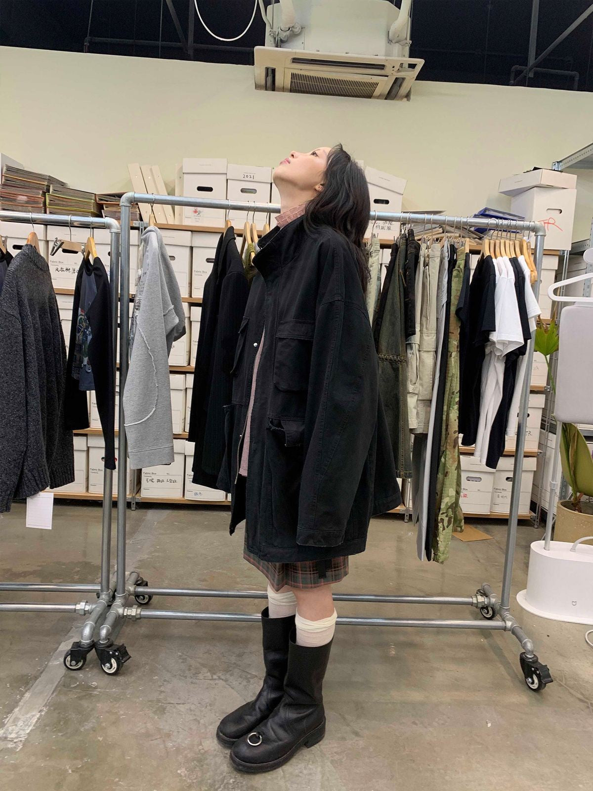 NeverSeez Distressed Cotton Barn Jacket in Black - On Female Model