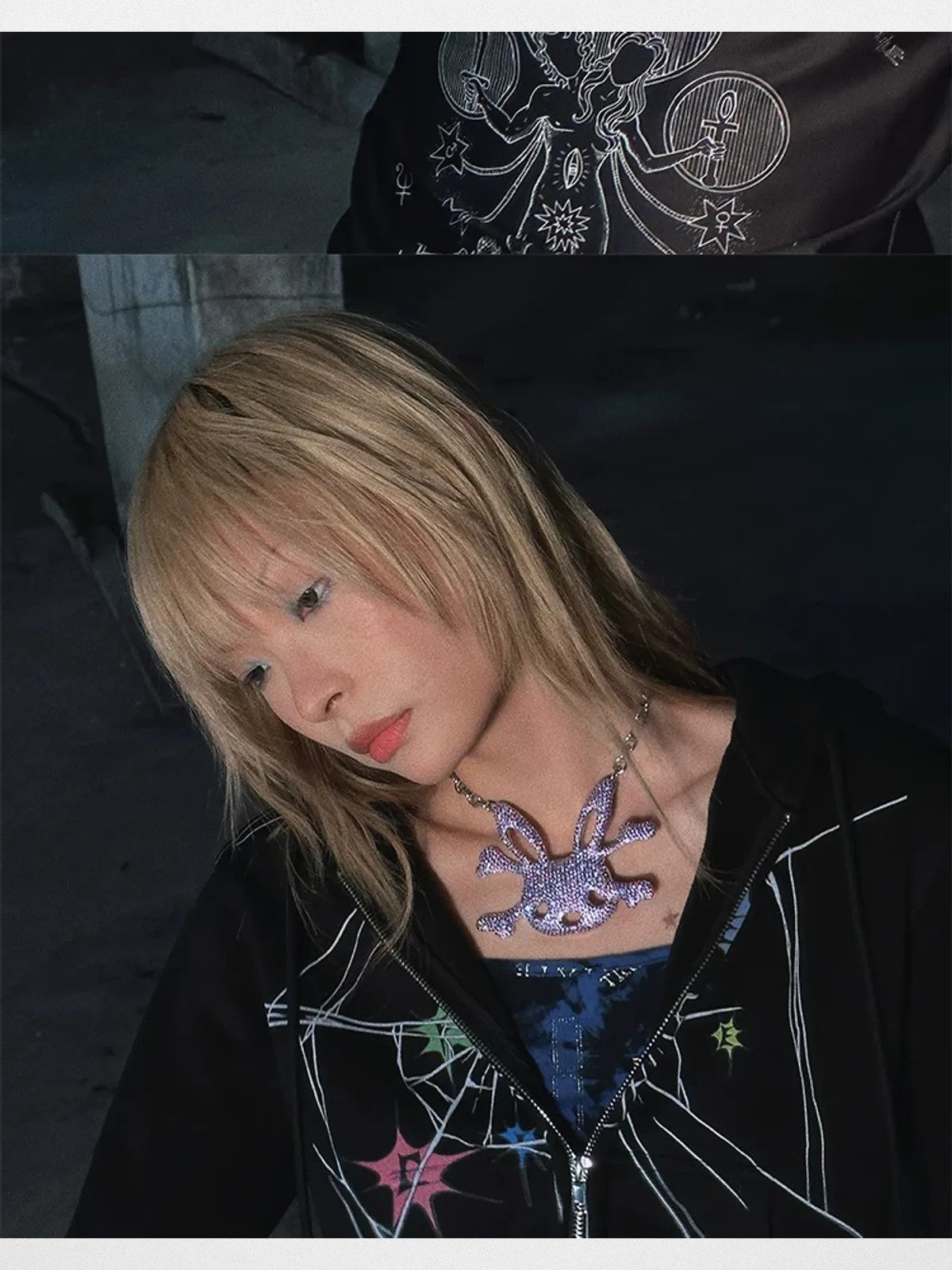 CFIERCE Rabbit Skull Necklace in Lavender - On Model