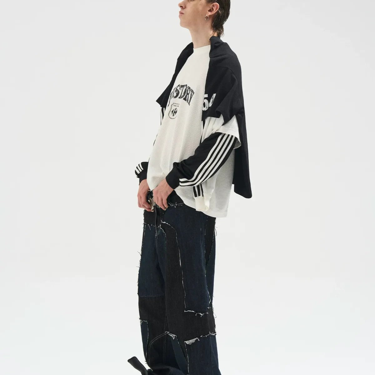 BLINDNOPLAN Distressed Faux Layered Tee in Denim - On Model