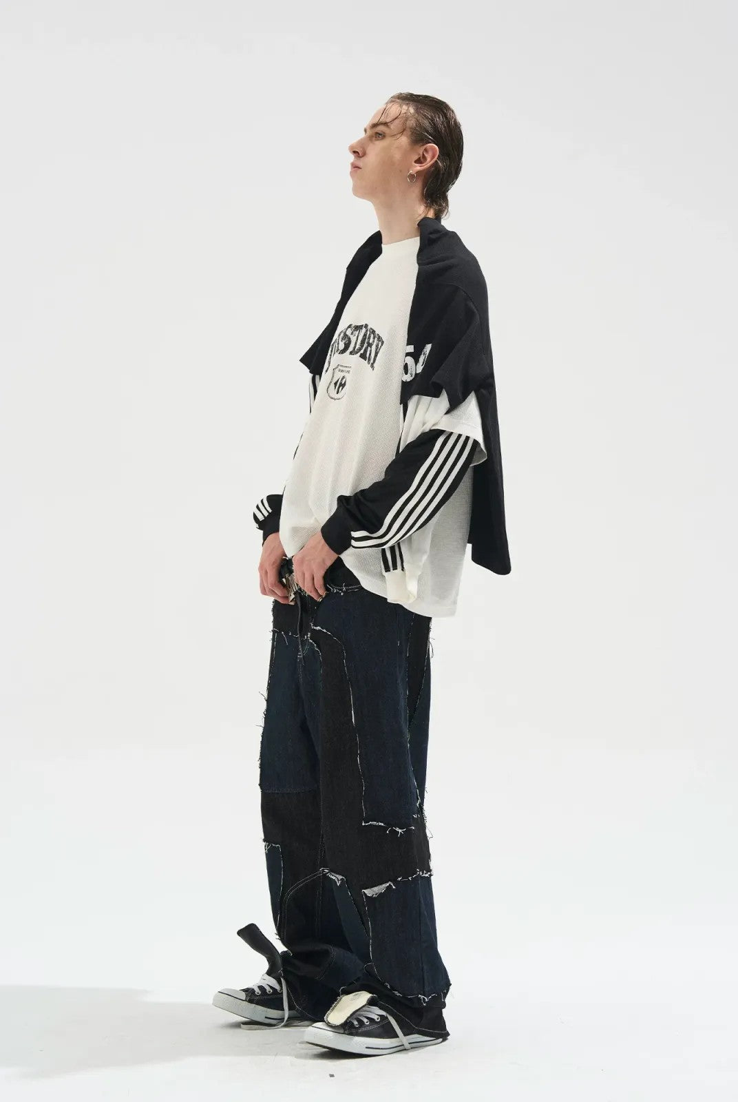 BLINDNOPLAN Distressed Faux Layered Tee in Denim - On Model