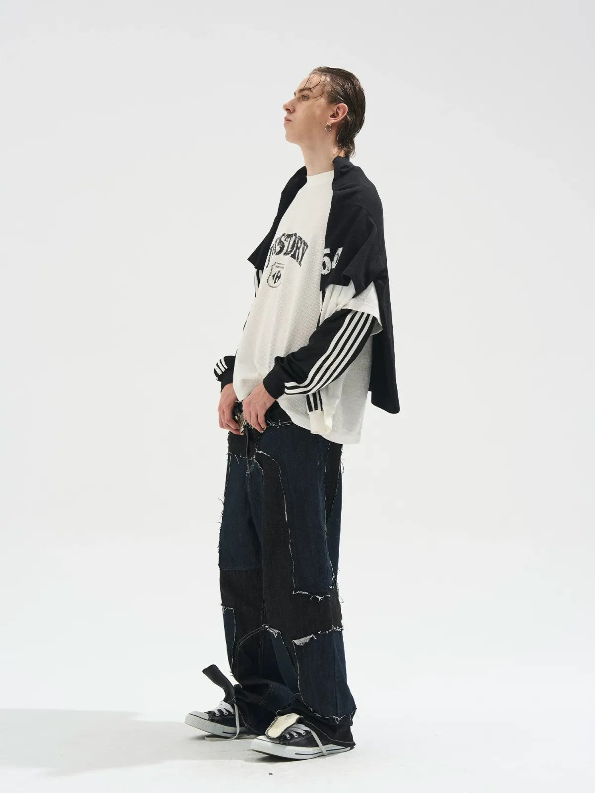 BLINDNOPLAN Distressed Faux Layered Tee in Denim - On Model