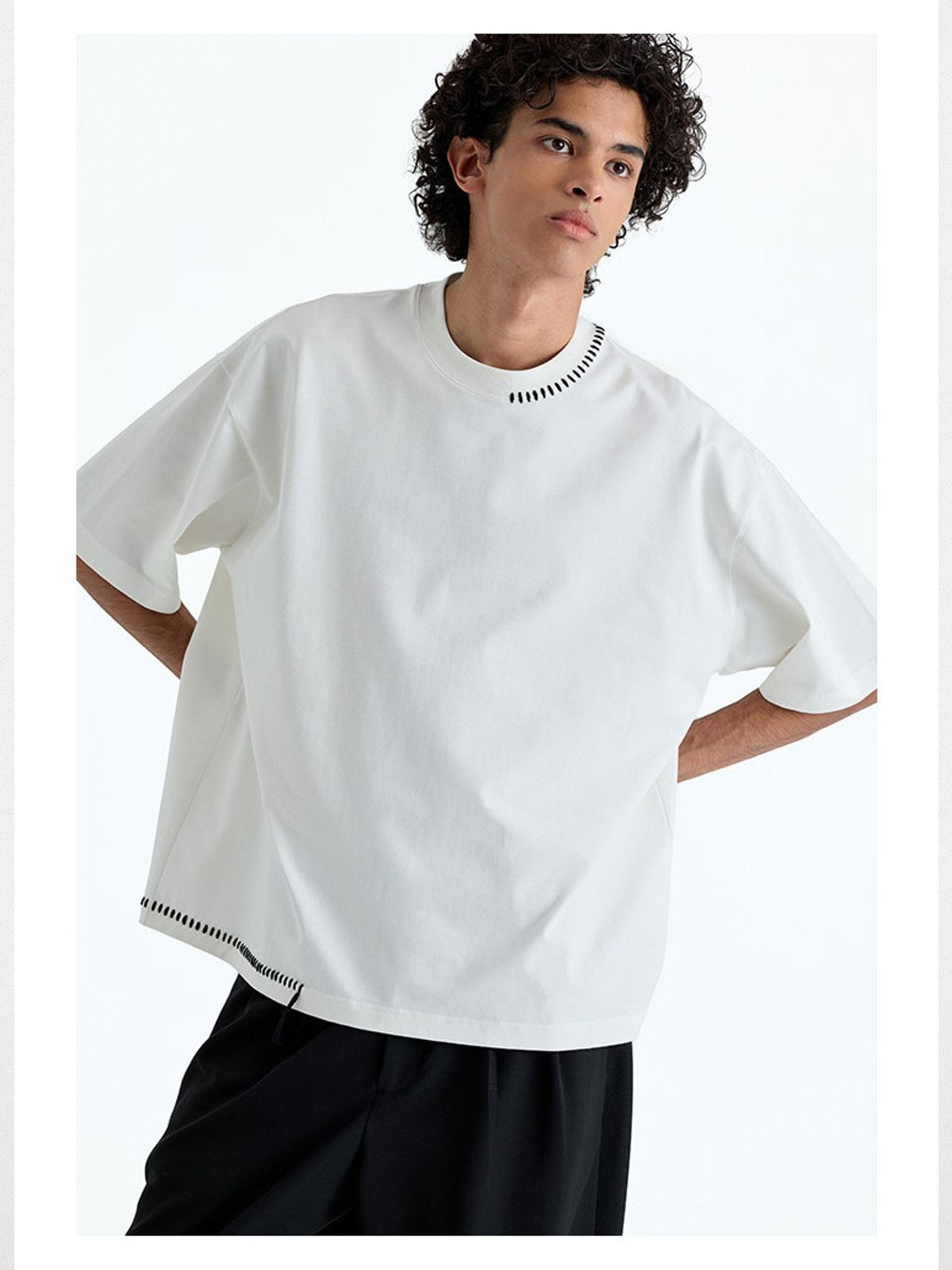 NANS Hand Stitched Fringe Oversized Tee in White - On Model