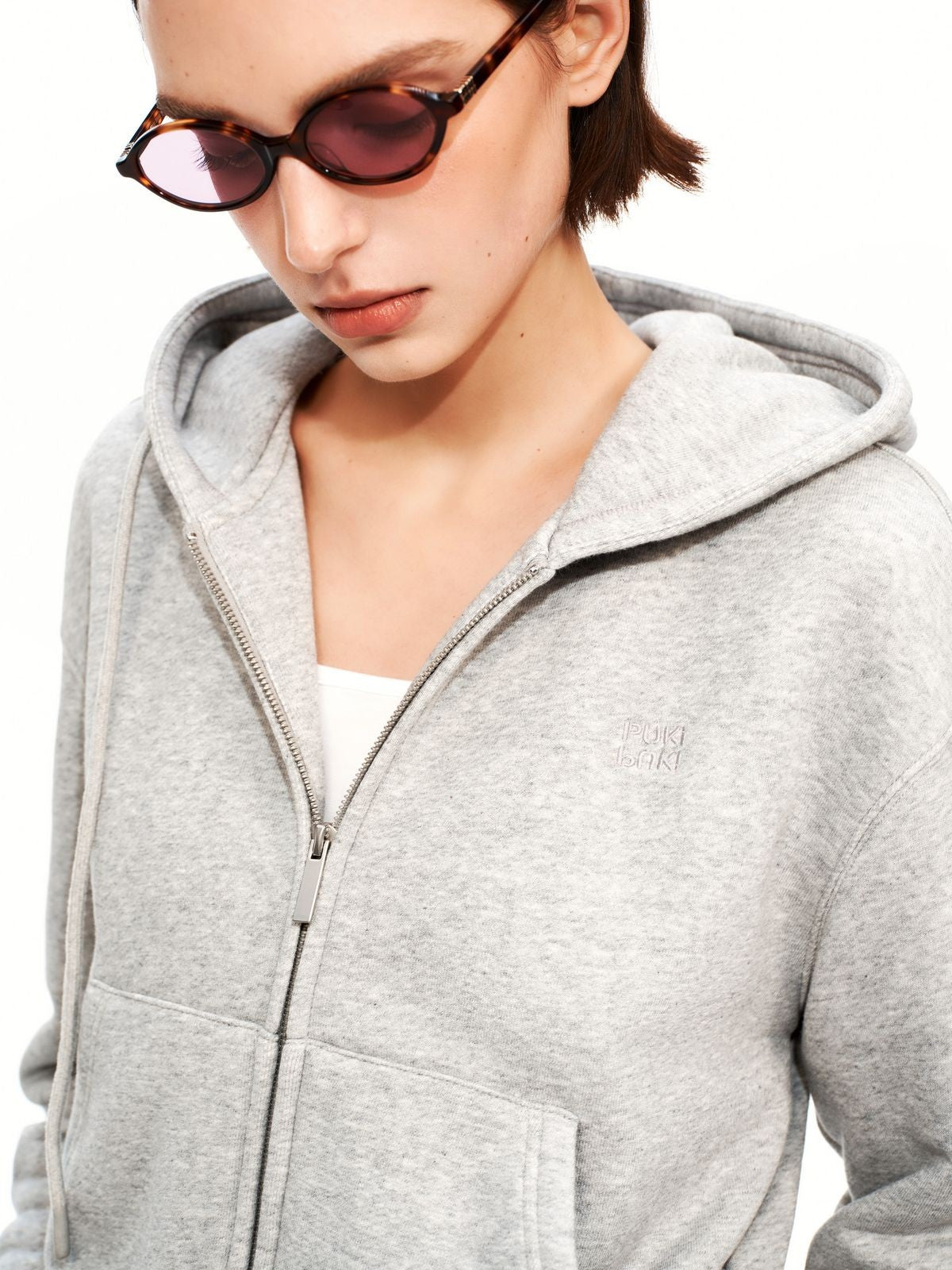 PUKI Cropped Cotton Blend Zip Hoodie in Gray - On Model