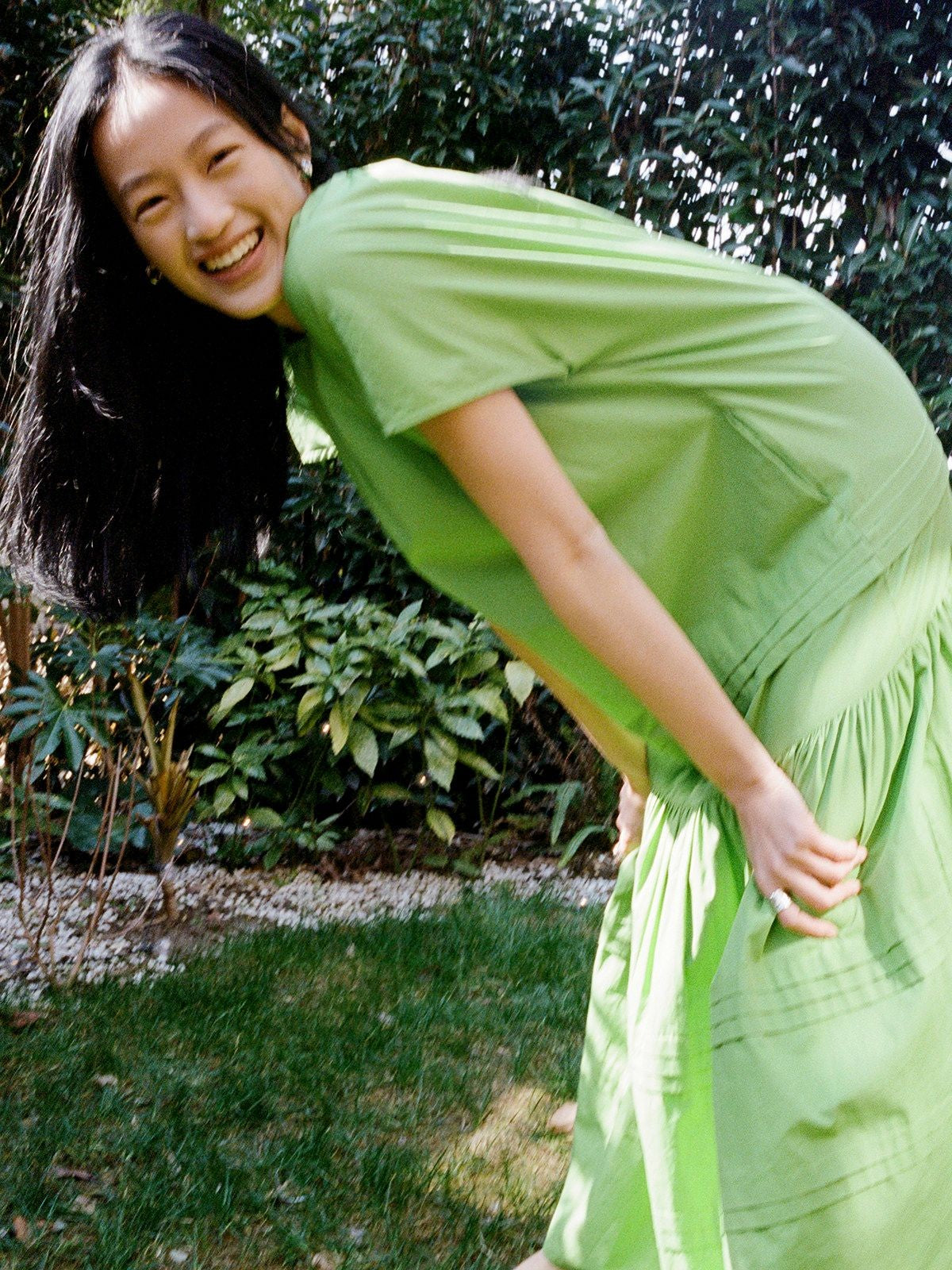 RandomPiece Eco Cotton Hemp Tiered Maxi Dress in Green - On Model