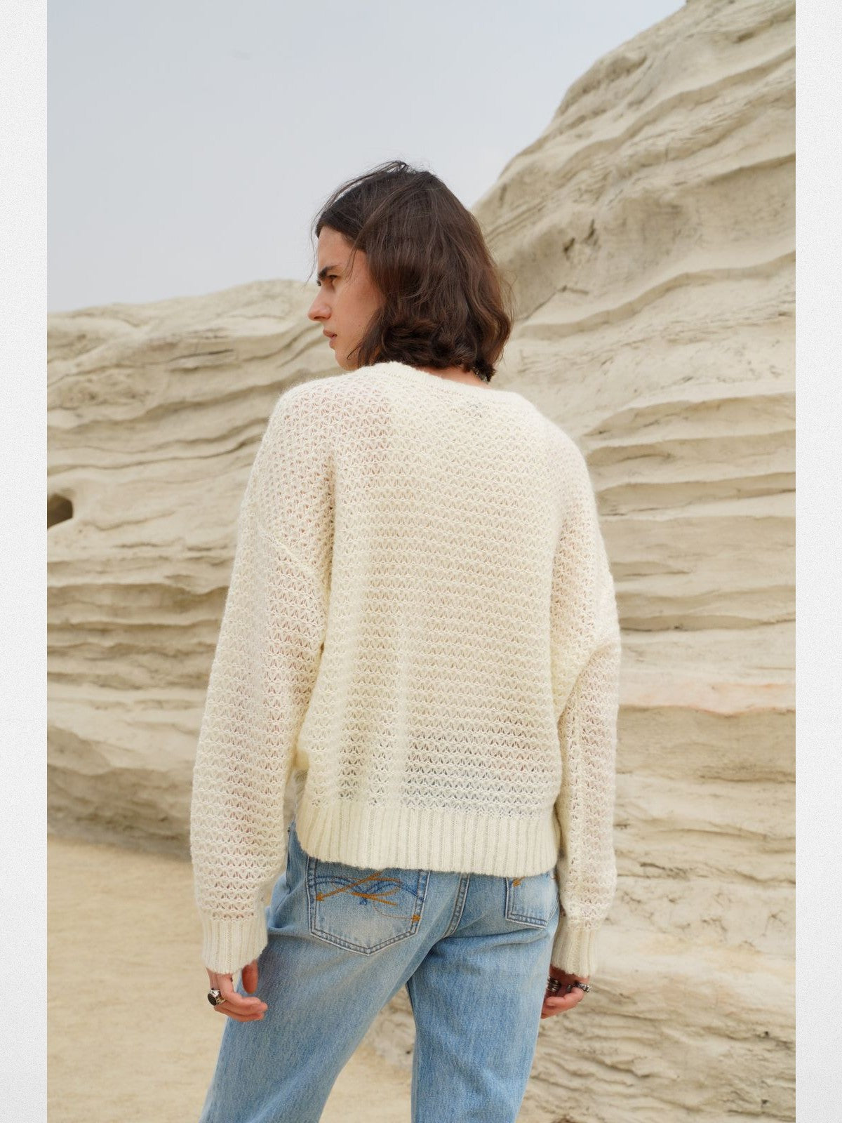 Retro 21 Hollow Knit Wool Mohair Sweater in White - On Model