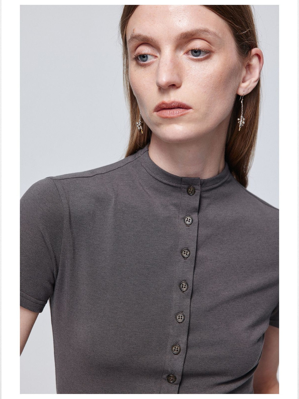 Simple Project Tencel Wool Button Front Tee in Charcoal - On Model