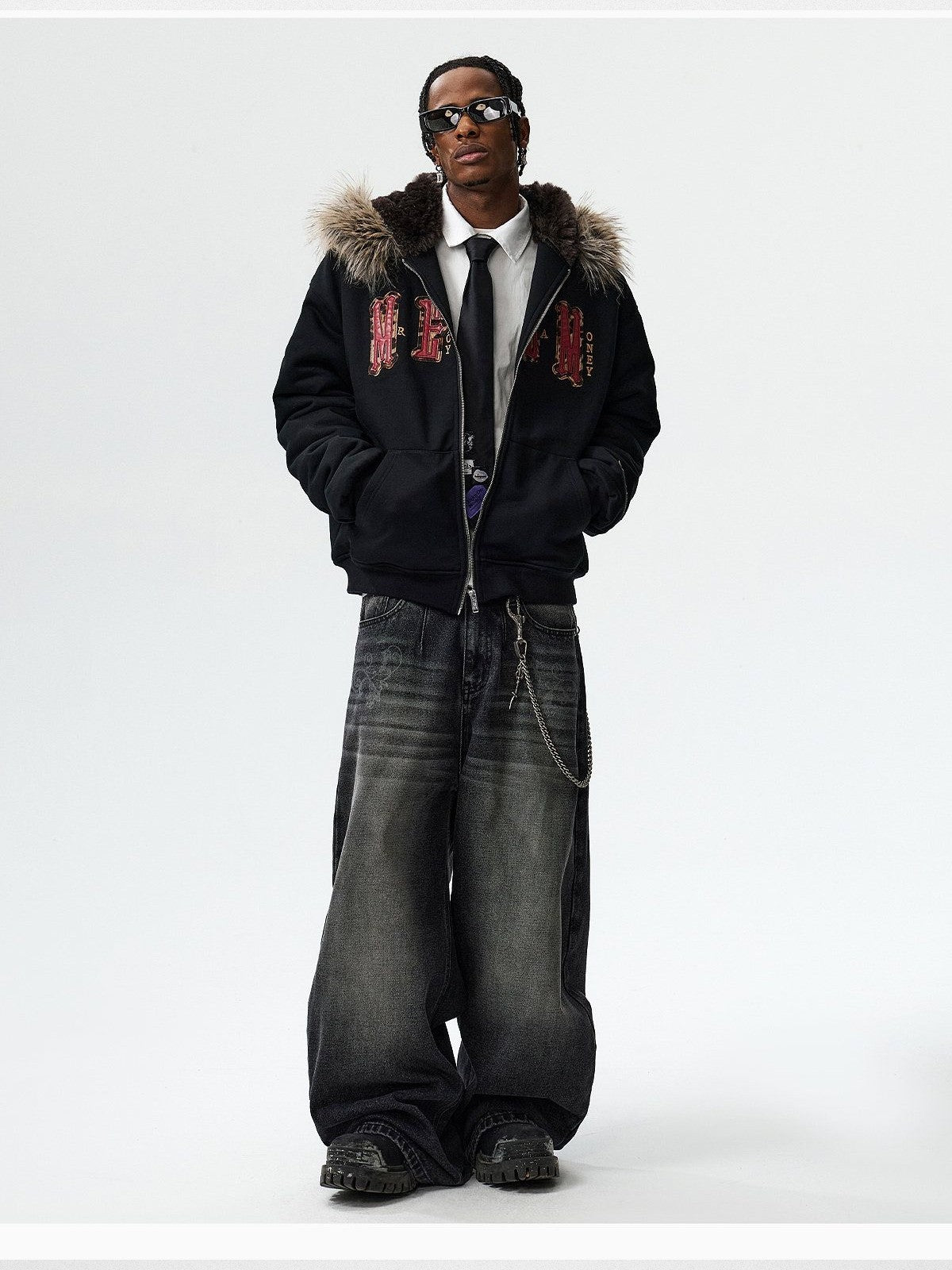 MEDM Horsehair Patch Fur Hood Jacket in Black - On Male Model