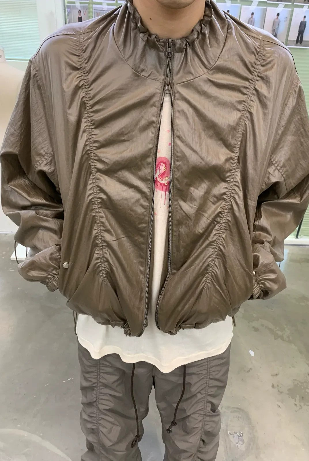 NeverSeez Glossy Ruched Tencel Windbreaker in Coffee - On Model