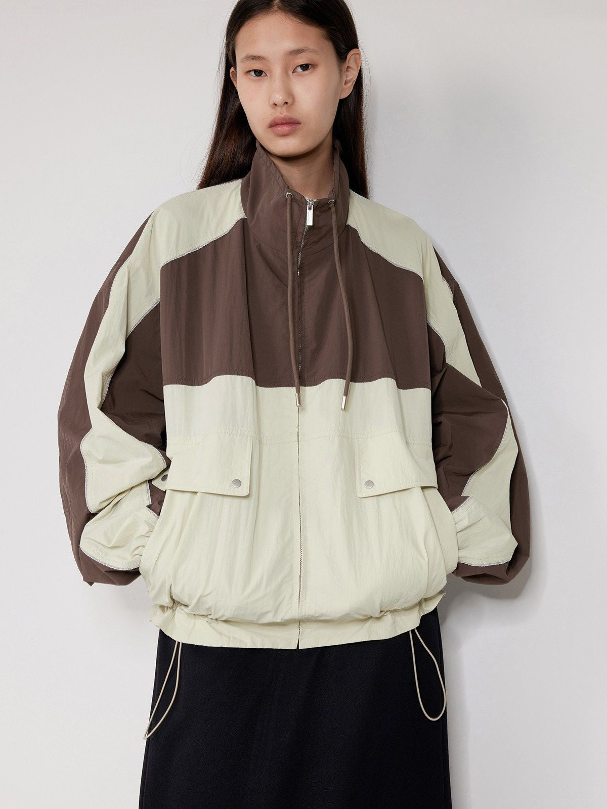 RandomPiece Color Block Stand Collar Jacket in Brown - On Model