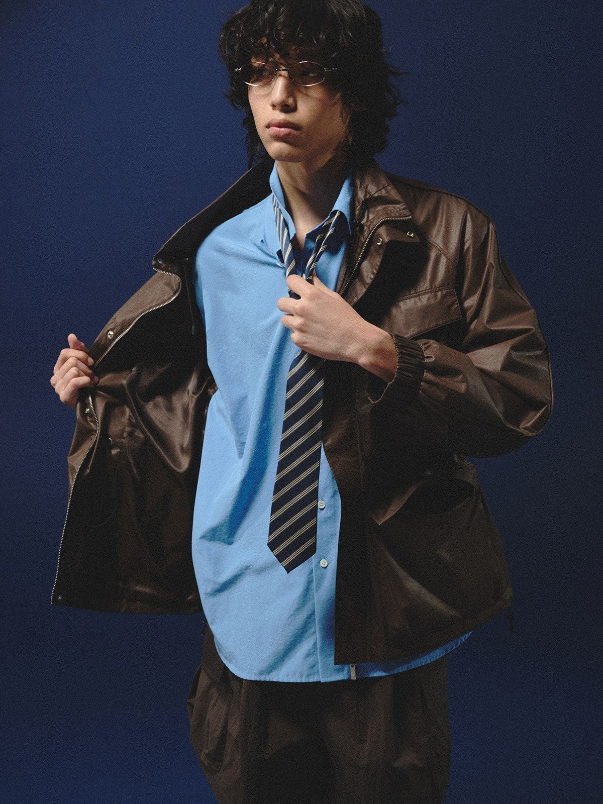 NANS Crinkled Square Collar Shirt in Sky Blue - On Model