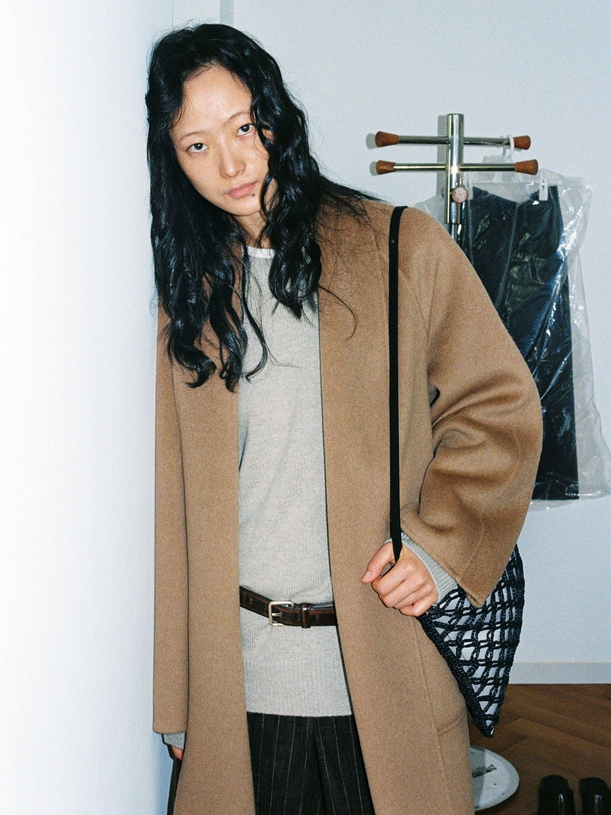 RandomPiece Merino Wool Camel Hair Robe Coat in Brown - On Model