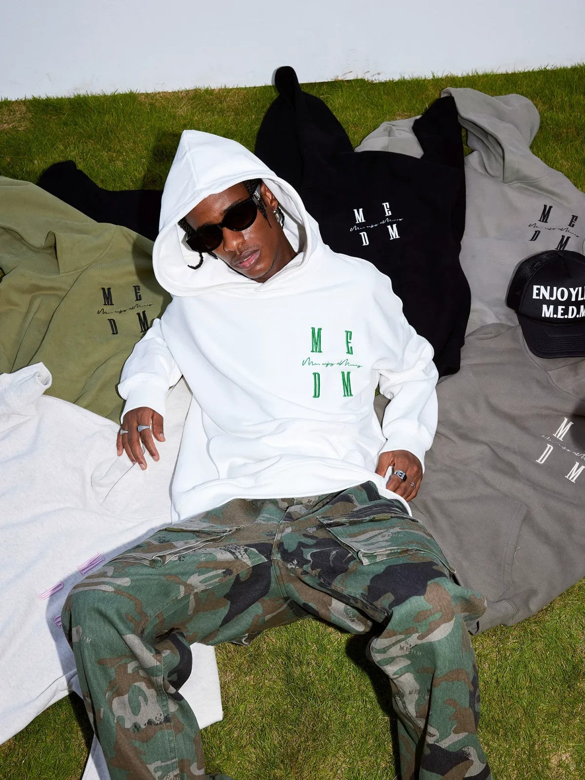 MEDM Embroidered Logo Hoodie in White - Lifestyle