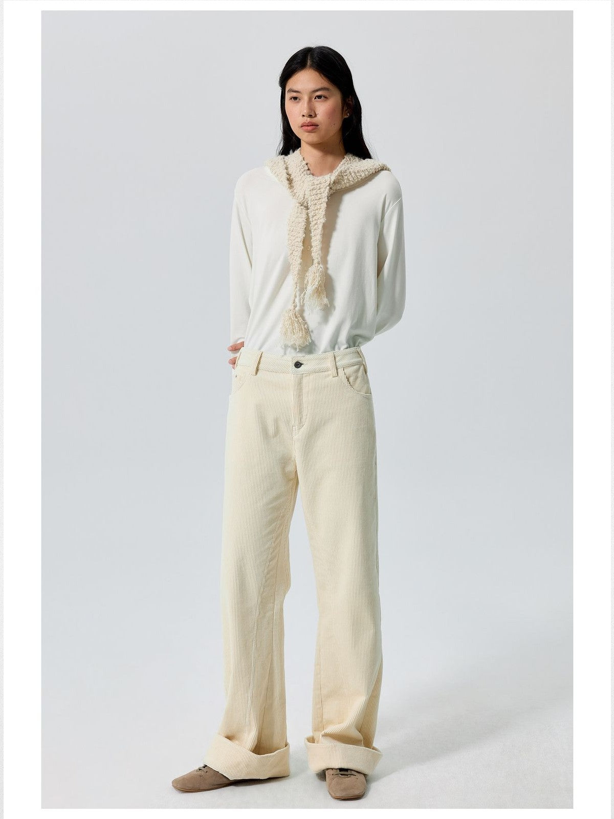 Simple Project Cuffed Corduroy Boot Cut Trousers in White - On Model