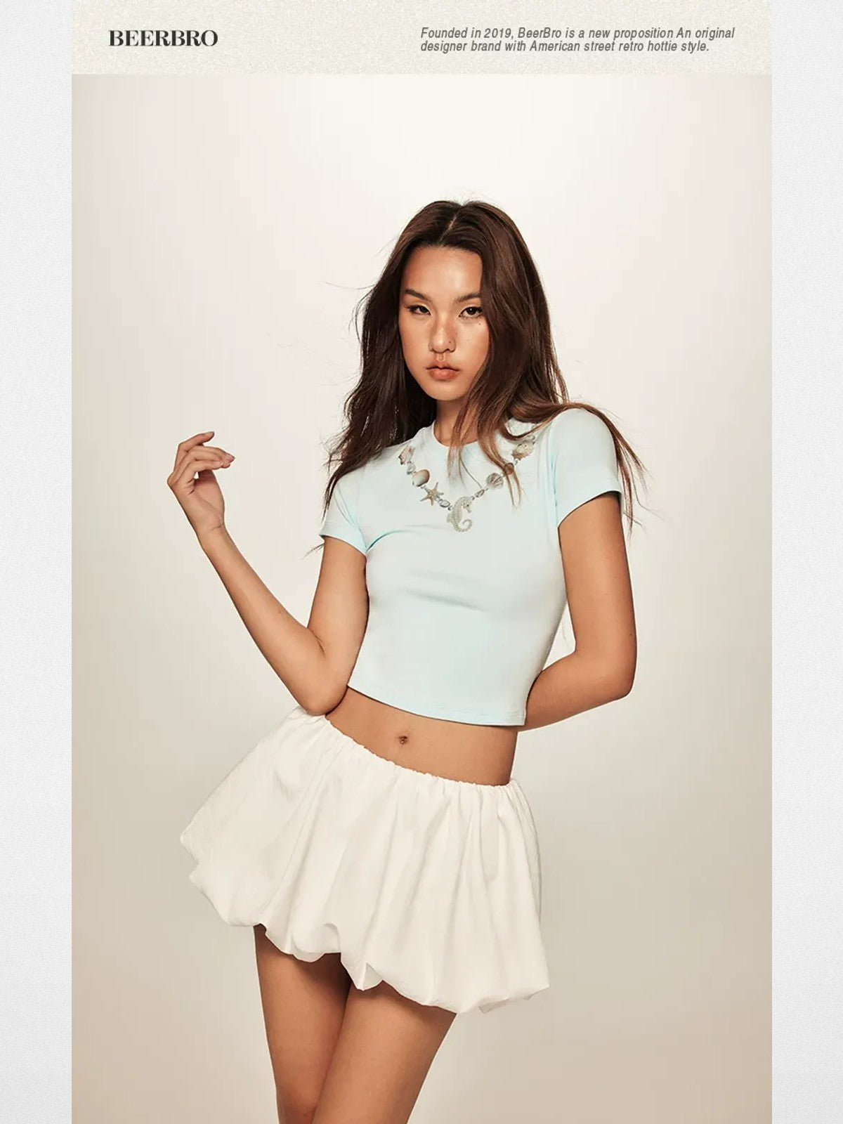 BeerBro Faux Seashell Necklace Tee in Sky Blue - On Model