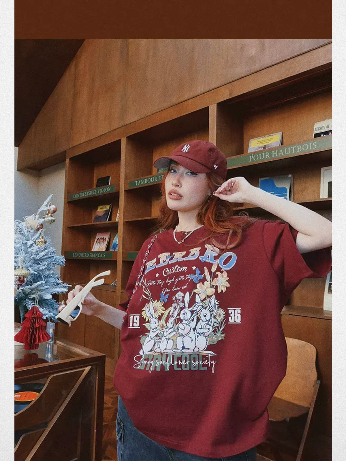 BeerBro Rabbit Graphic Oversized T Shirt in Burgundy - On Model