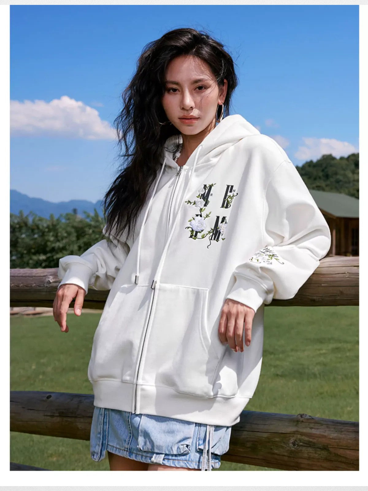 MEDM Camellia Embroidered Zip Hoodie in White - On Female Model