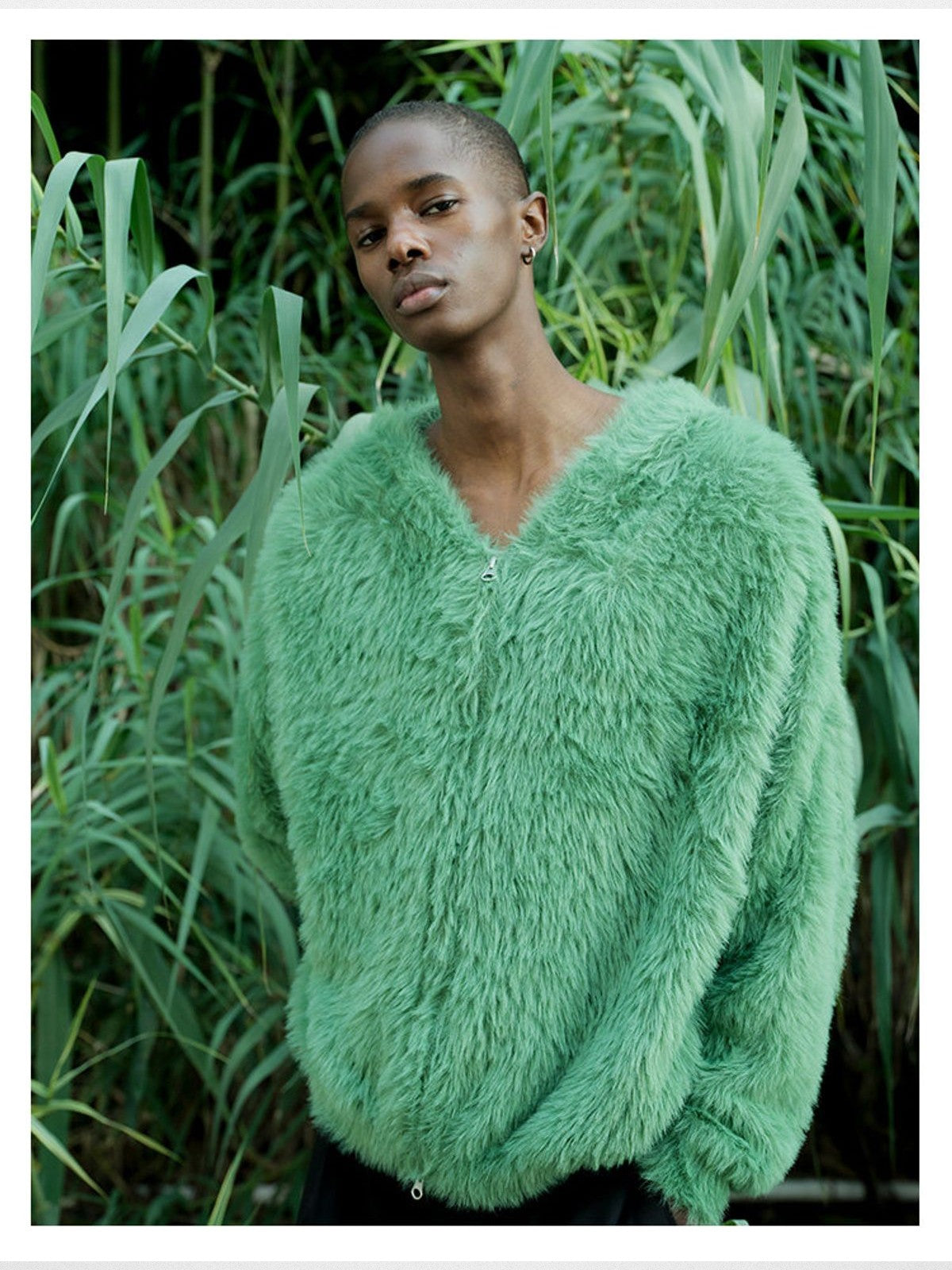 TRIANGLE PROJECT Faux Mink Zip Up Hooded Jacket in Mint - On Model