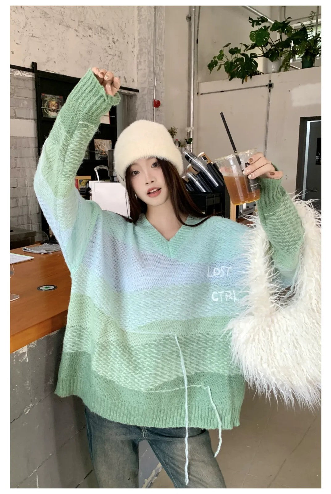 LOSTCTRL Gradient Fringe V Neck Sweater in Pink