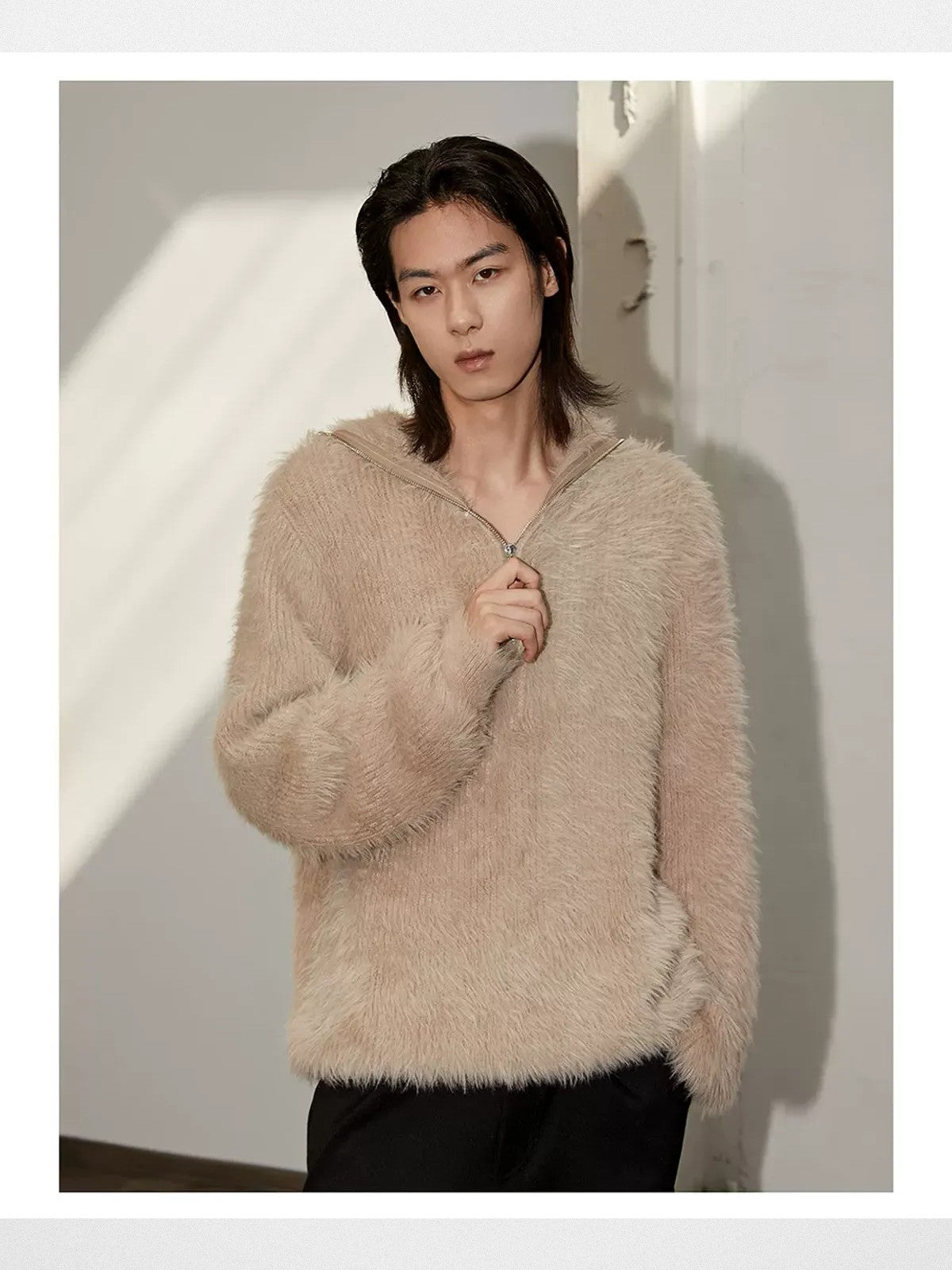 Y OFFICIAL Faux Mink Half Zip Hoodie in Beige