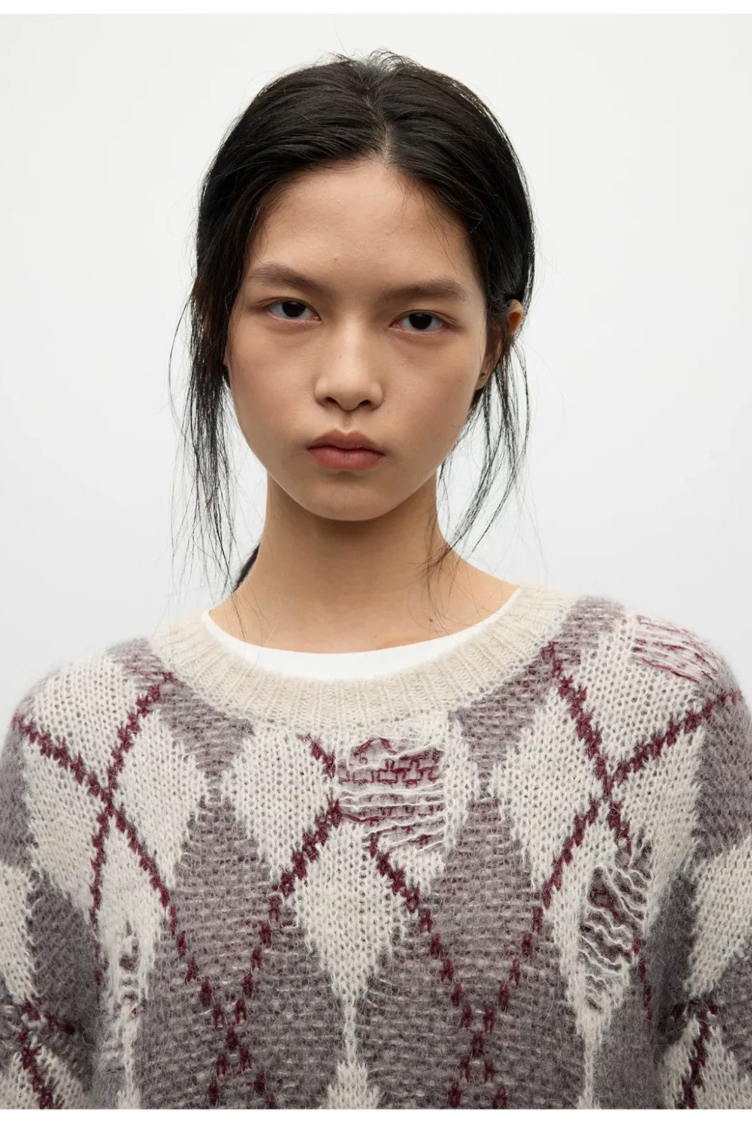 RandomPiece Distressed Argyle Alpaca Blend Sweater in Beige - On Model