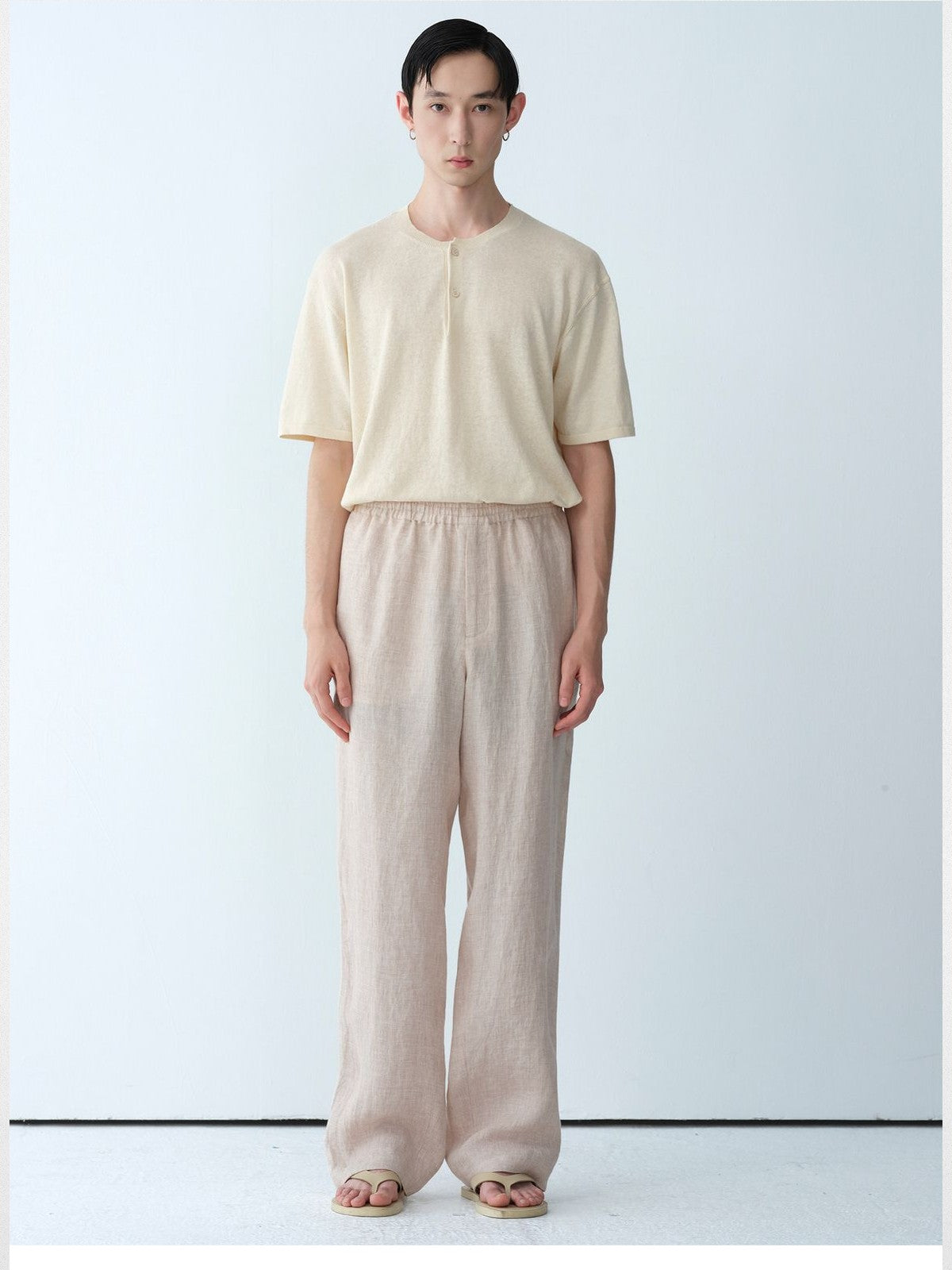 ROYA Elastic Waist Wide Leg Linen Trousers in Beige - On Model