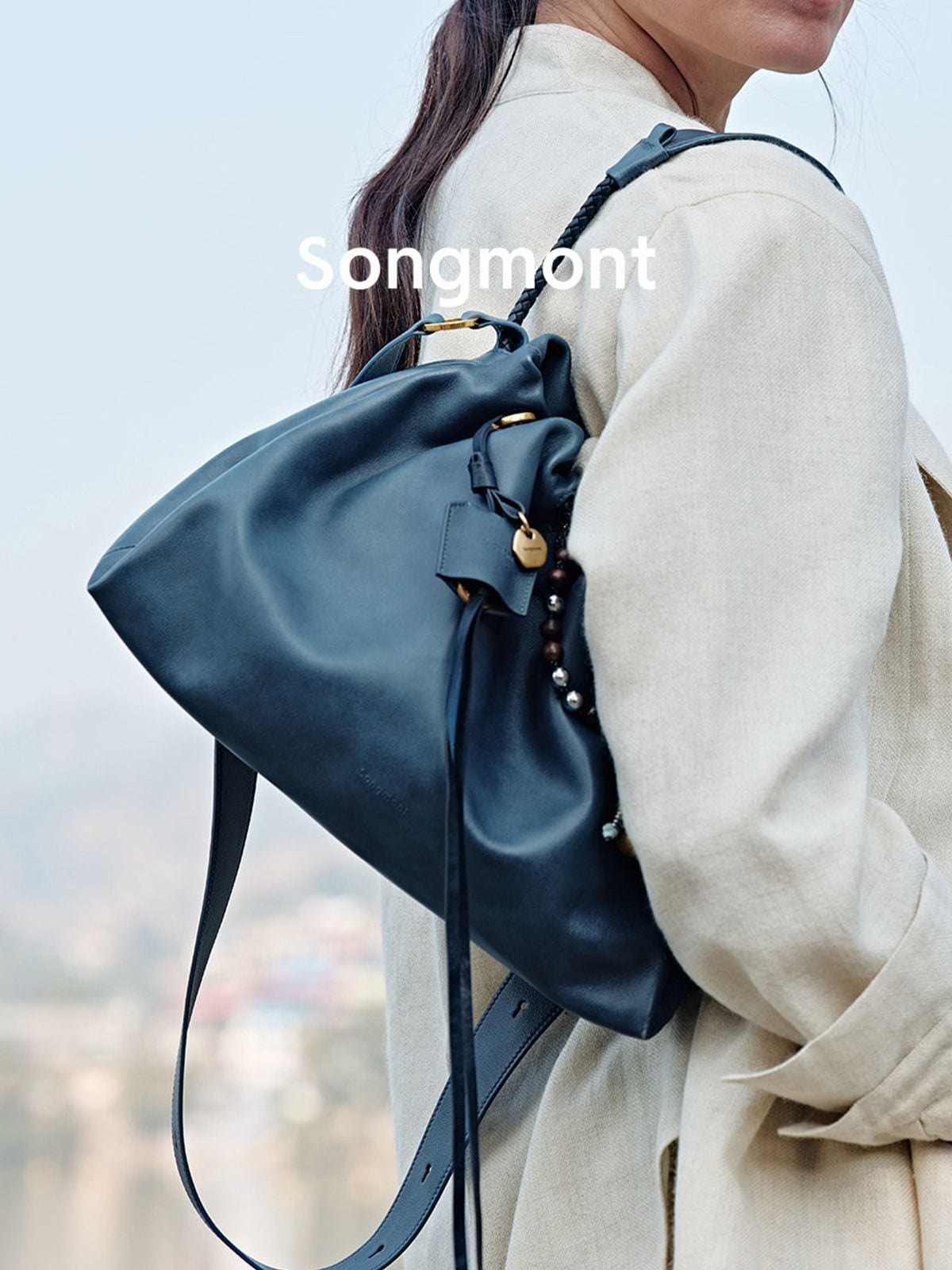 Songmont Slouchy Nappa Leather Tote in Navy Blue - On Model